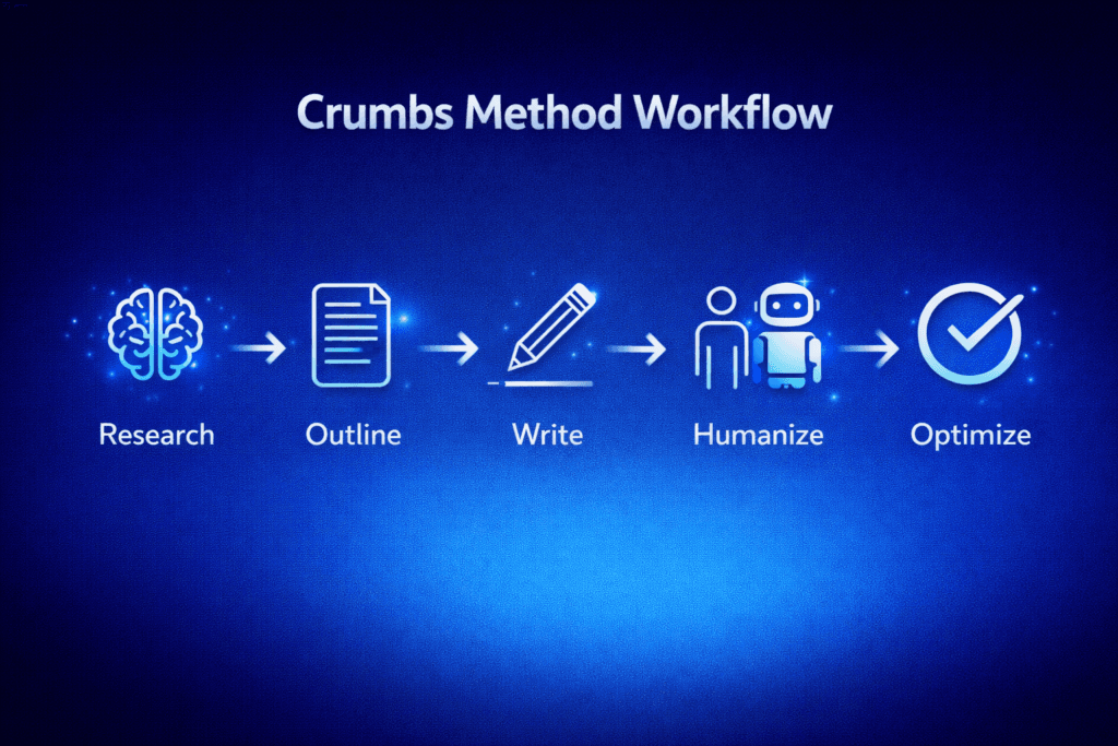 Crumbs Method workflow diagram showing 5 stages research outline write humanize optimize