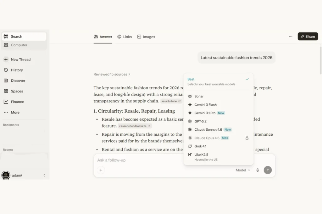 Perplexity AI real-time research screenshot for 2026 content