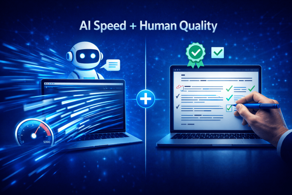 AI speed and human quality split screen comparison with speedometer and editing hand