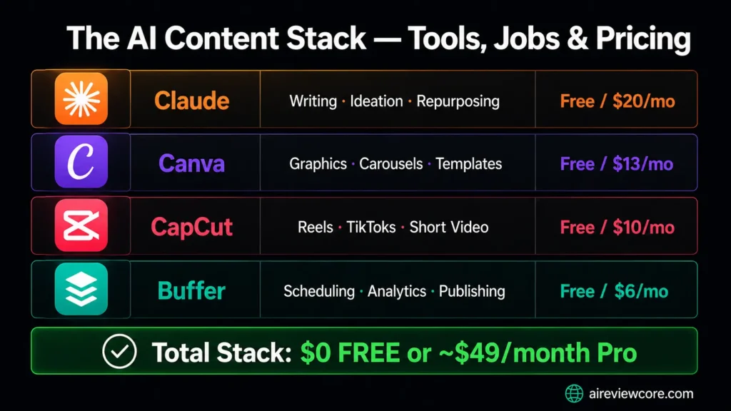 Infographic showing the AI content stack for social media
in 2026: Claude for writing, Canva for design, CapCut for
video, Buffer for scheduling — total cost $0 to $49/month
