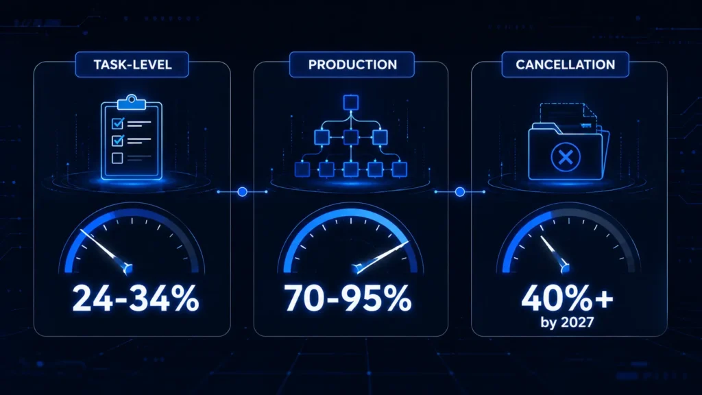 AI agent failure rate comparison chart: task-level vs production vs project cancellation