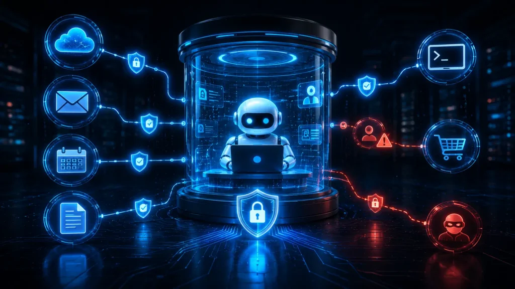 AI agent security illustration showing protected digital accounts and credential risks