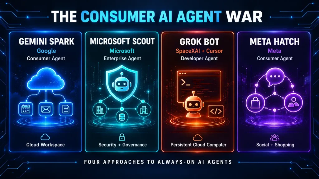 Comparison infographic of Gemini Spark, Microsoft Scout, Grok Bot, and Meta Hatch in the 2026 consumer AI agent war