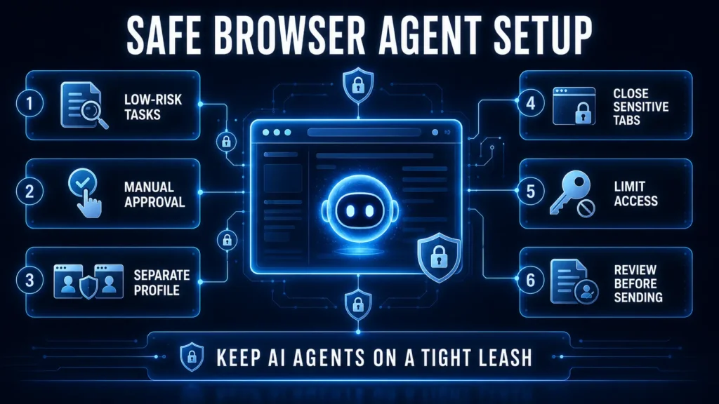 Safe browser agent setup checklist showing six steps for using AI browser agents securely