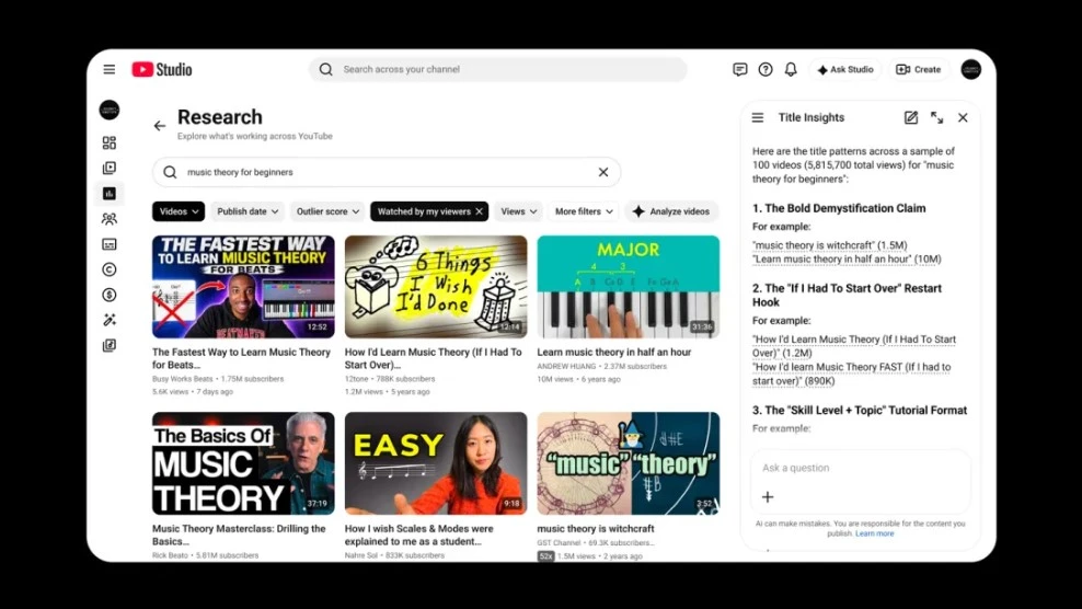Official YouTube Studio Ask Studio interface for creator insights and video ideas