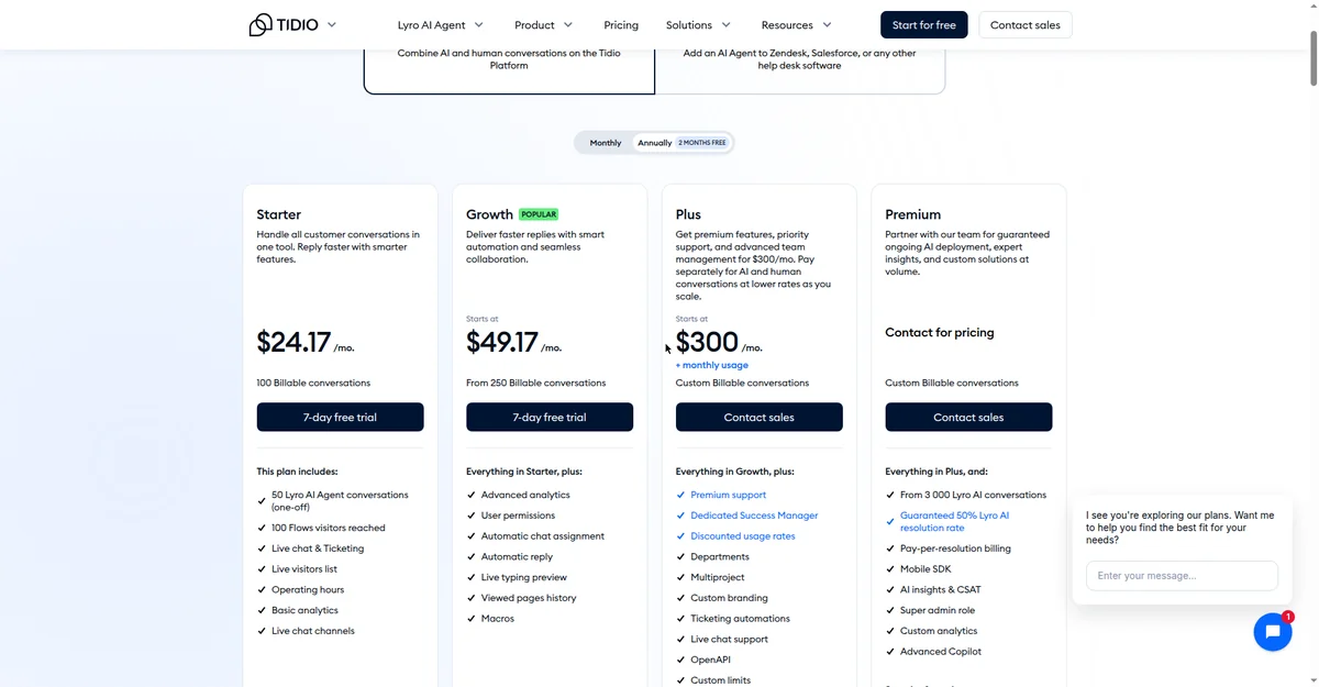 Tidio pricing plans, best AI chatbot for small business website 2026