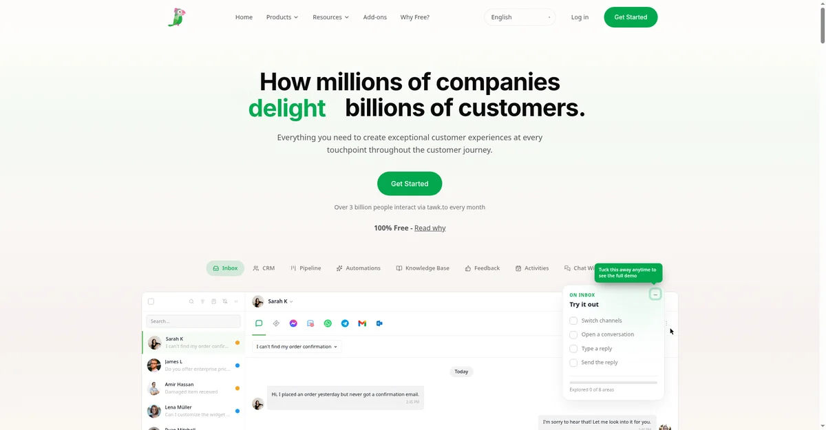 Tawk.to homepage, best free AI chatbot for small business website