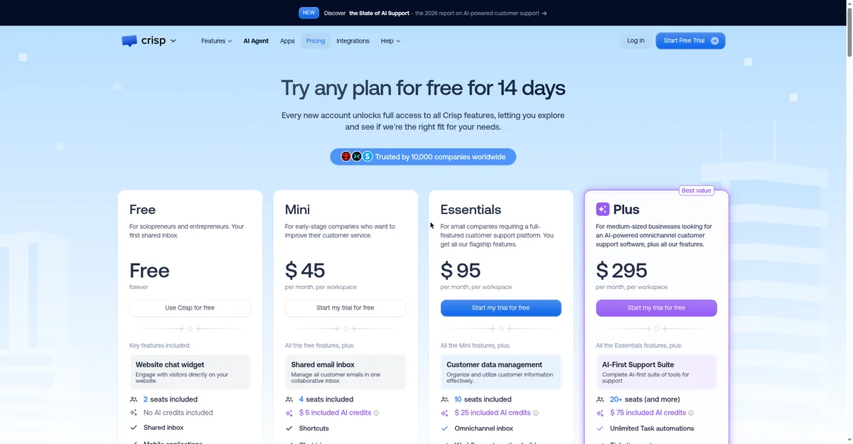Crisp pricing plans per workspace, flat pricing website chatbot 2026