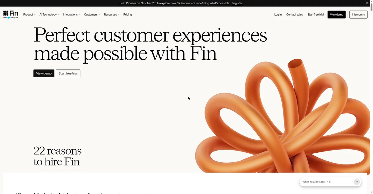 Fin by Intercom homepage, AI chatbot with per-resolution pricing