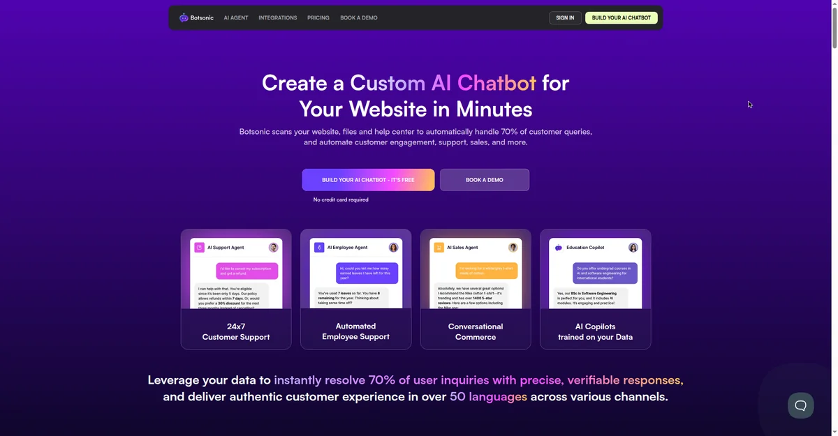 Botsonic homepage, budget AI chatbot for small business website