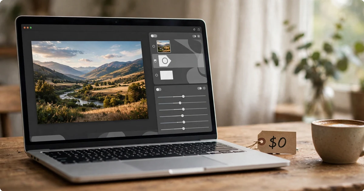 Laptop running a free photo editor with layers and adjustment panels open, showing a landscape photo being edited without a Photoshop subscription