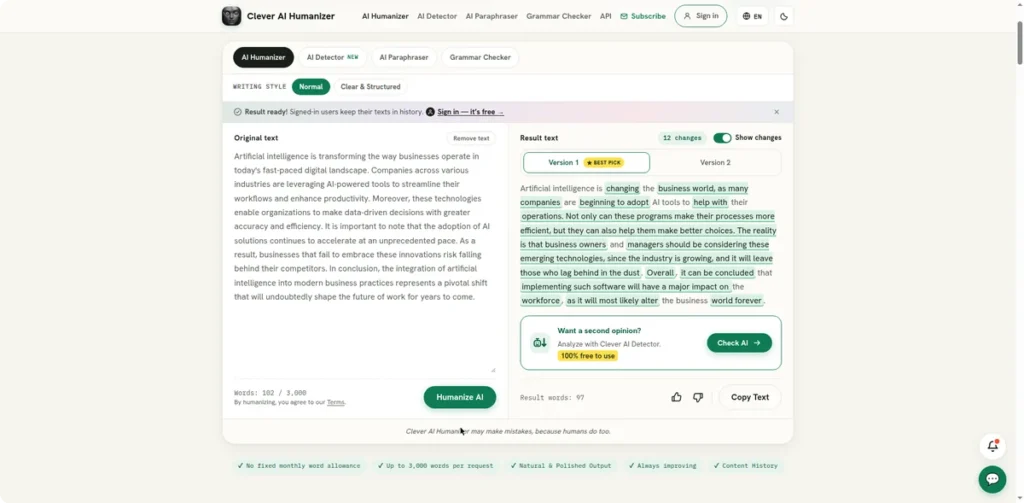 Clever AI Humanizer hands-on test: our sample text humanized and scored 56 percent human by the detector