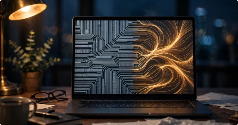 Free AI humanizer tool concept: rigid robotic AI text transforming into natural flowing human writing on a laptop screen