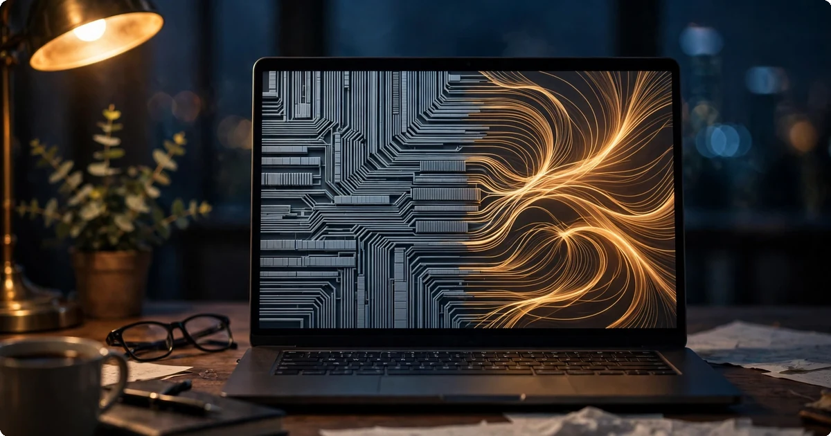 Free AI humanizer tool concept: rigid robotic AI text transforming into natural flowing human writing on a laptop screen