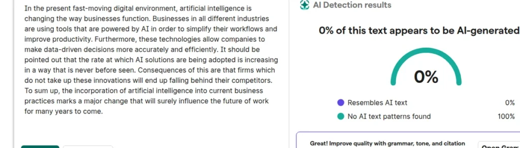 Grammarly AI detector result showing 0% AI-generated for the humanized sample text