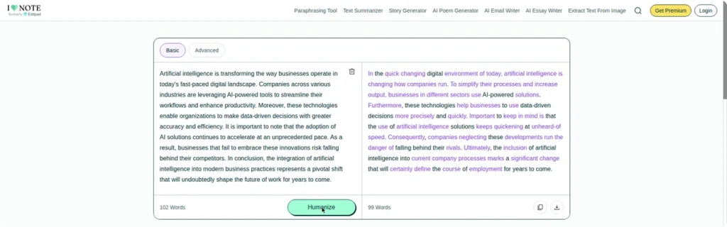 iLoveNote hands-on test: humanized output of our sample text via file upload
