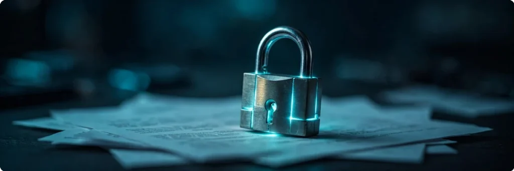 Padlock on documents illustrating privacy risks of pasting text into free AI humanizer tools
