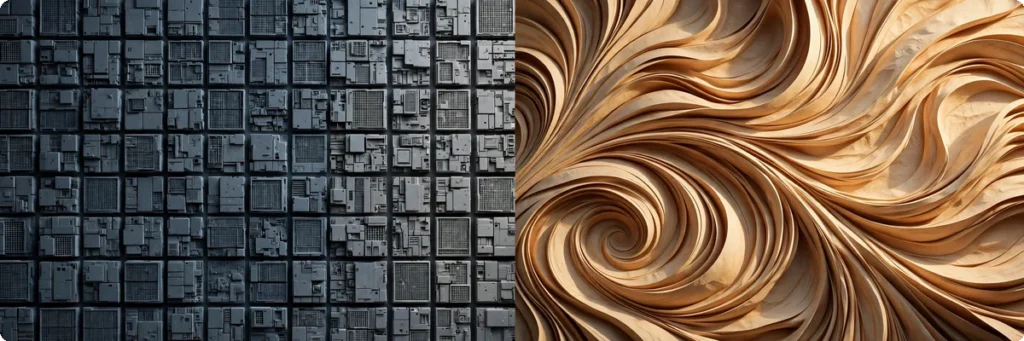 Split-screen concept comparing rigid robotic AI-generated text blocks with flowing natural human-like text