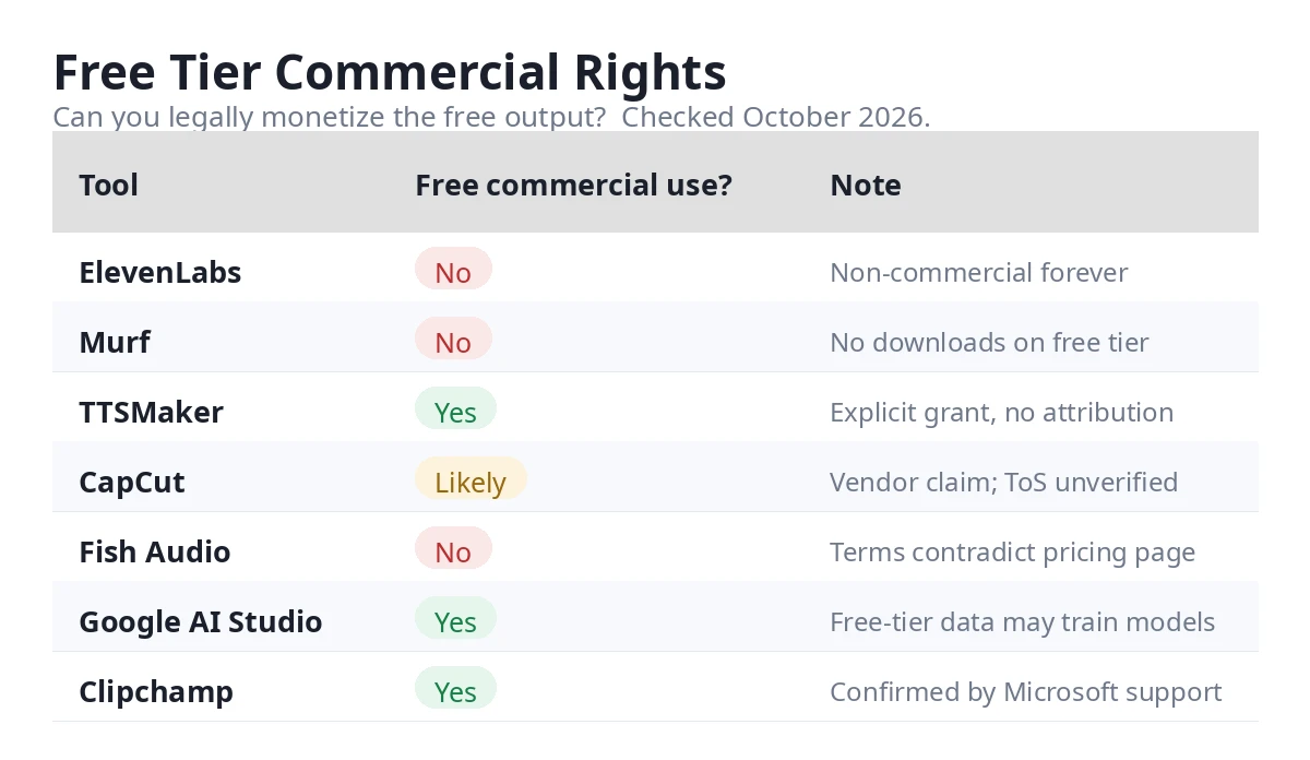 Commercial use rights comparison of free AI voiceover tiers