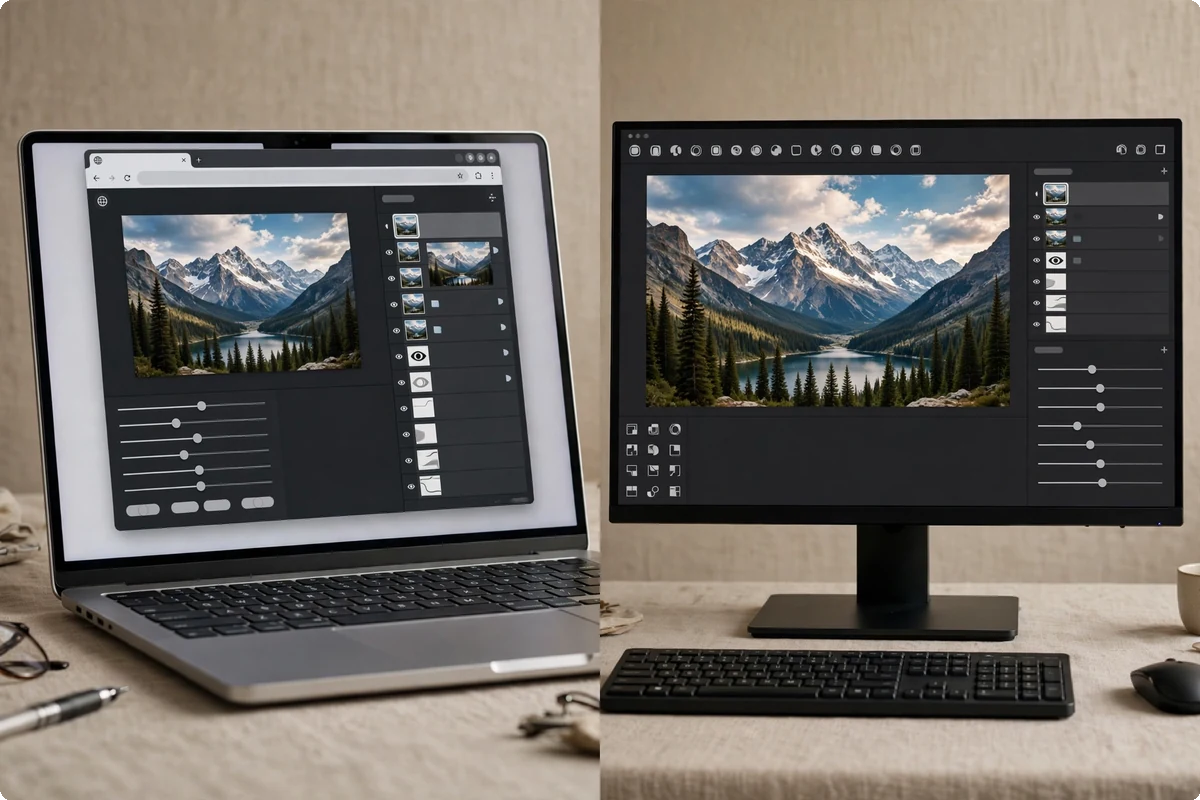 Two free Photoshop alternatives side by side, a browser-based editor and a desktop editor, both showing layered photo editing