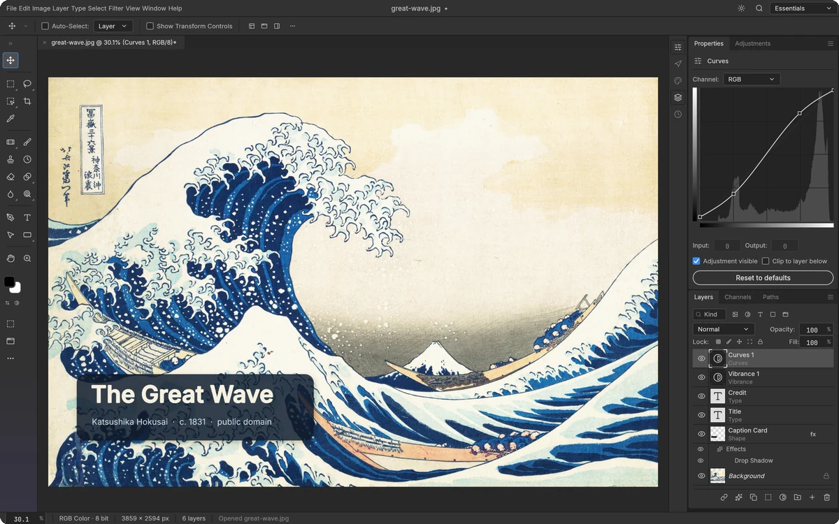 PhotoCraft, the open-source Photoshop clone written in Rust, editing Hokusai's Great Wave with layers and adjustment panels — screenshot from the project's GitHub repository