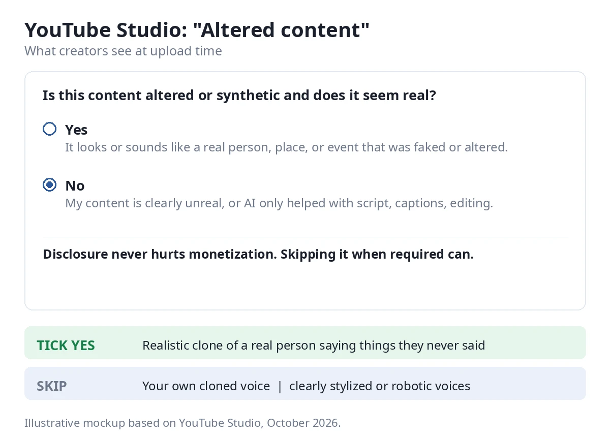 YouTube altered content disclosure checkbox, illustrative mockup